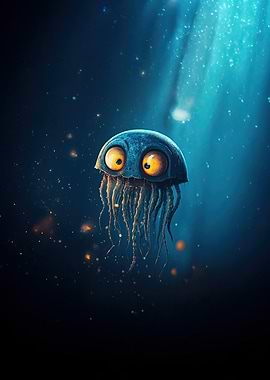 Cartoon Jellyfish in Deep Blue Sea