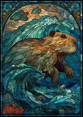 Stained Glass Capybara Waves