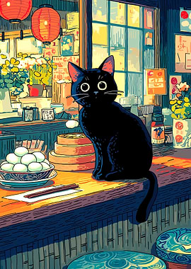 Black Cat in Japanese Restaurant