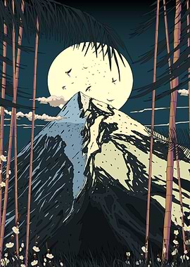 Mountain, Moon, and Bamboo Forest Art