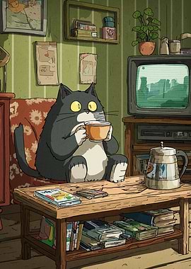 Cat Drinking Tea Watching TV
