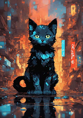 Cyberpunk Cat in Cityscape