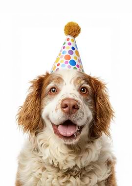 Clumber Spaniel Dog with Birthday Hat