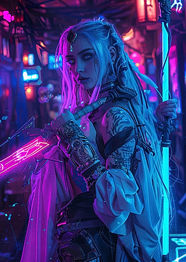 Cyberpunk Warrior with Neon Sword and Staff