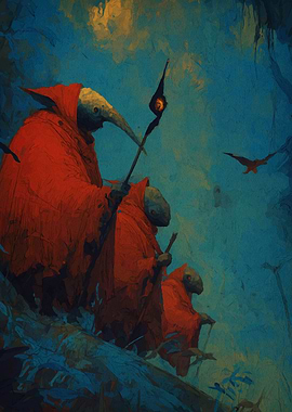 Red-Robed Figures in a Fantasy Landscape