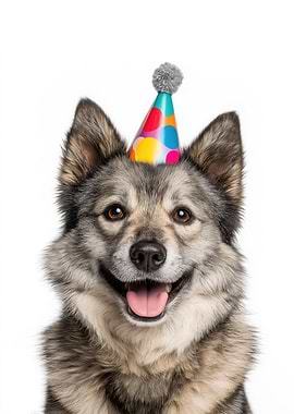Happy Swedish Vallhund Dog with Party Hat