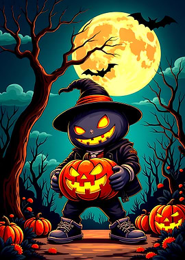 Halloween Pumpkin Character with Bats