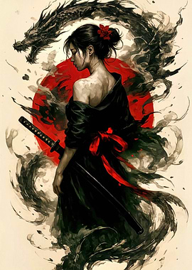 Samurai Woman with Dragon and Katana