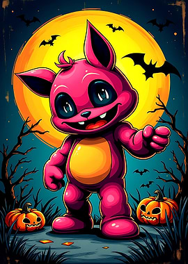 Cartoon Halloween Creature with Pumpkins