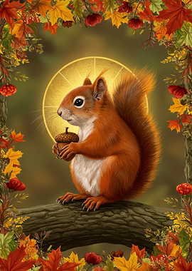 Squirrel with Acorn in Autumn Frame