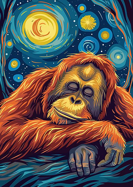 Sleeping Orangutan Starry Night Art