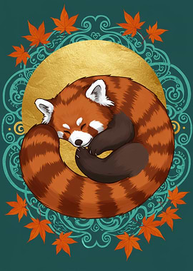Sleeping Red Panda with Autumn Leaves