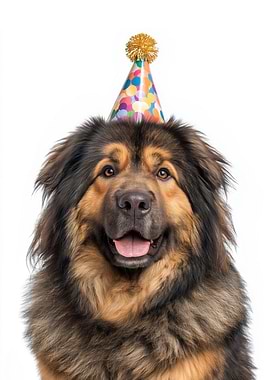 Tibetan Mastiff Dog with Party Hat Portrait