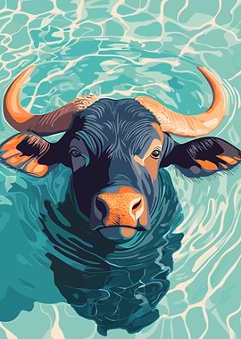 Water Buffalo in Water Illustration