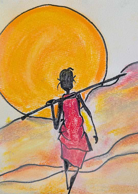 African Woman with Spear, Sunset Painting
