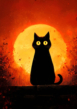 Black Cat Silhouette with Orange Moon