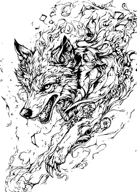 Detailed Wolf Illustration in Black and White