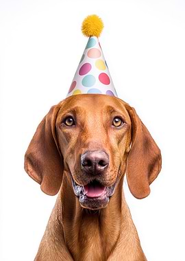 Redbone Coonhound Dog with Birthday Hat