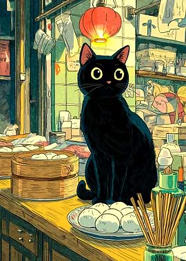 Black Cat in a Dim Sum Restaurant