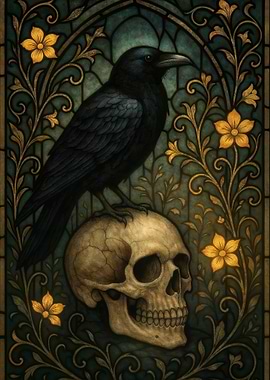 Stained Glass Raven on Skull