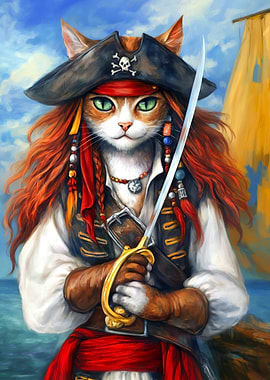 Cat Pirate Captain Illustration