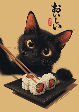Black Cat with Sushi
