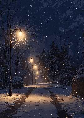 Snowy Winter Night Street Scene