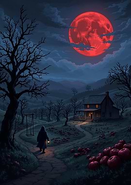 Red Moonlit Path to Haunted House