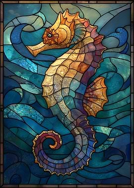 Stained Glass Seahorse in Ocean