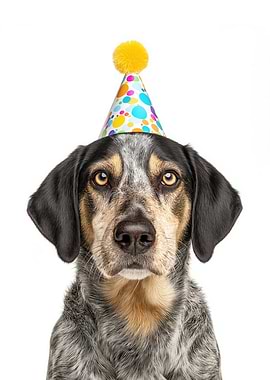 Bluetick Coonhound Dog with Party Hat Portrait