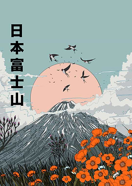 Mount Fuji with Birds and Flowers