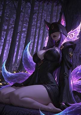 Fox Girl in Dark Forest