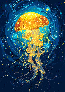 Glowing Jellyfish in Deep Blue Sea