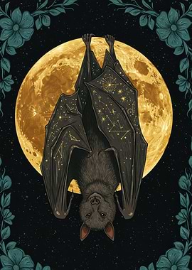 Constellation Bat with Moon and Flowers
