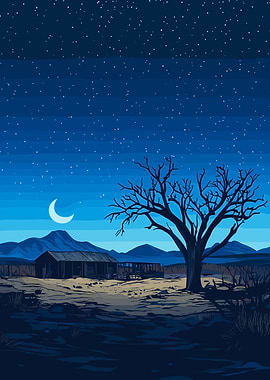 Pixel Art Night Landscape with Abandoned House