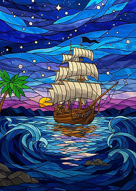 Stained Glass Ship at Sea