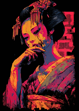 Colorful Geisha Portrait with Japanese Text