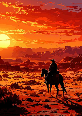 Cowboy on Horseback at Sunset