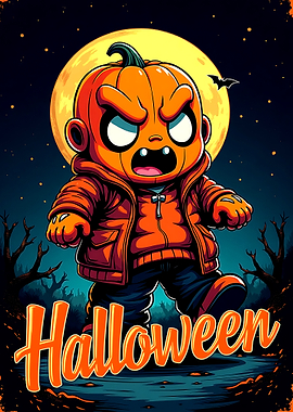Halloween Pumpkin Character with Full Moon