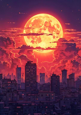 Neon Moonrise Over the City 2/3