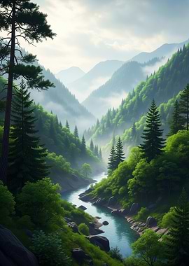 Lush Green Mountain River Valley