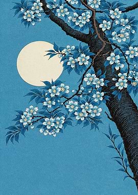 Blue Cherry Blossoms and Moon