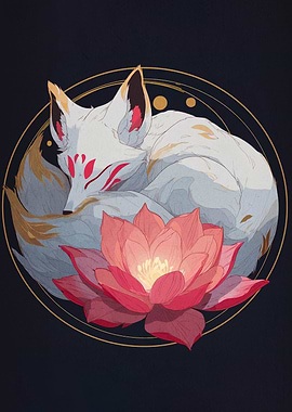 Fox and Lotus Flower Illustration