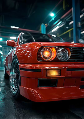 Red BMW E30 in Garage