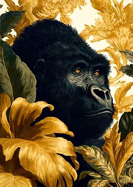 Gorilla Portrait with Floral Background