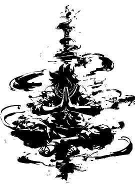 Monochrome Meditating Figure with Ink Splatters