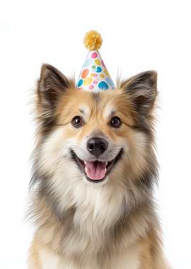 Icelandic Sheepdog with Birthday Hat Smiling
