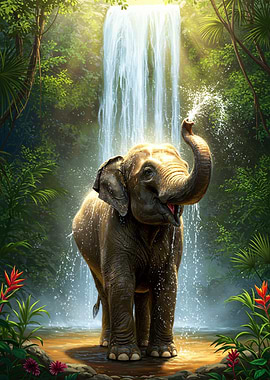 Elephant enjoying waterfall in jungle