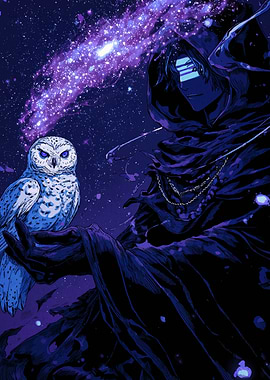 Hooded Figure with Owl in Space