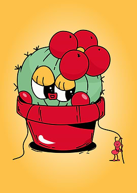 Cute Cartoon Cactus with Ant